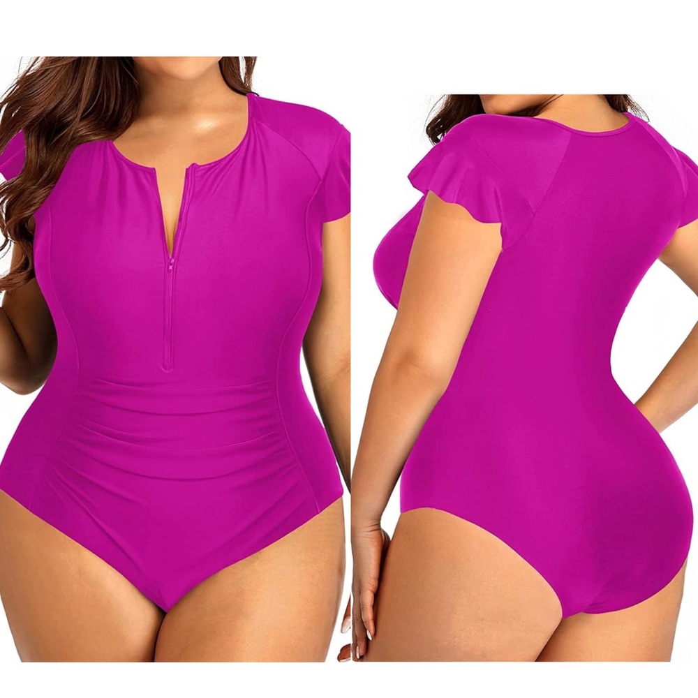 Plus Size One Piece Swimsuit‎ for Women Tummy Control Cap Sleeves Bathing Suits